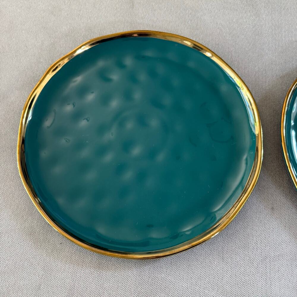 Lovecasa Teal Green Porcelain Salad Dessert Plates Gold Rim Set of 2 10.5"
